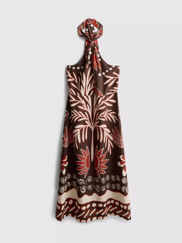 The Edit halterneck-midi-kjole i linneblanding med print