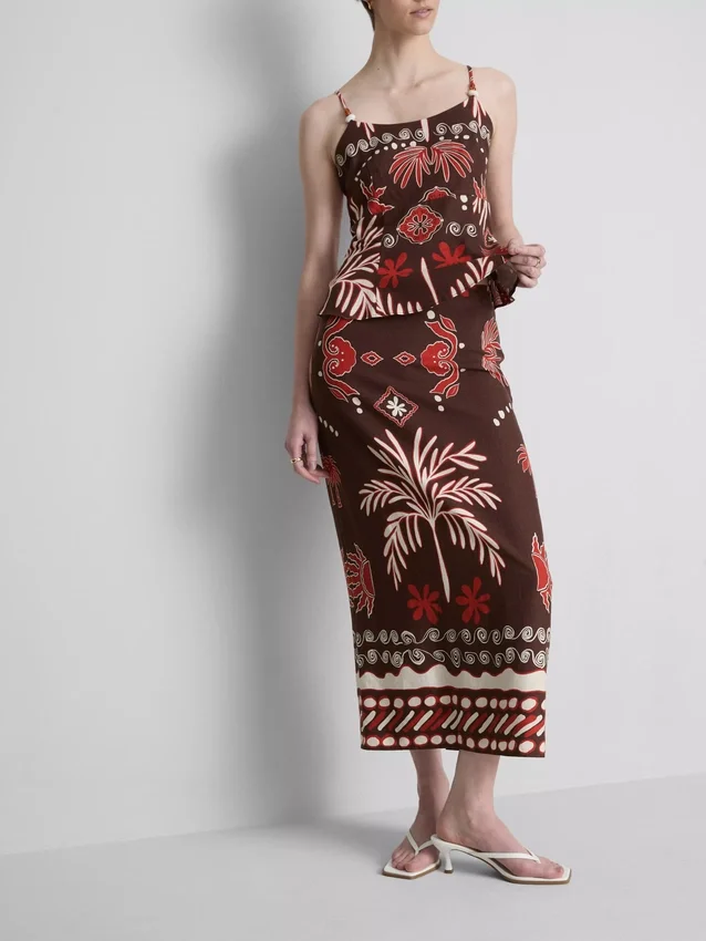 The Edit midi-nederdel i linneblanding med print