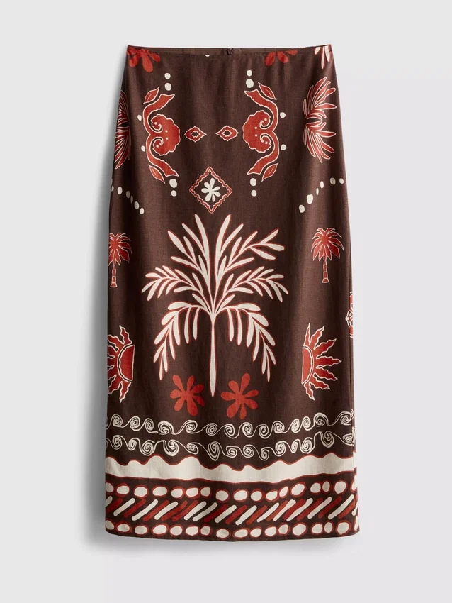 The Edit midi-nederdel i linneblanding med print