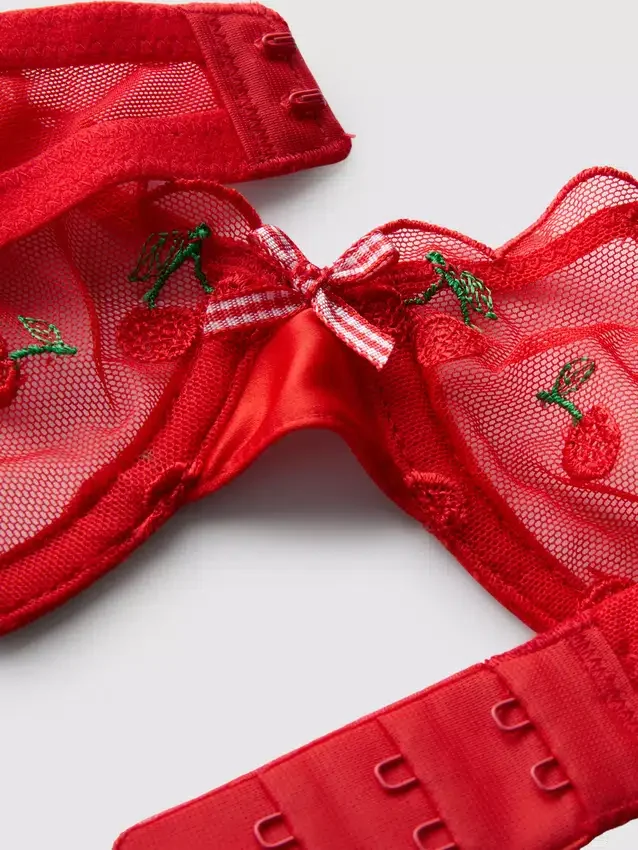 Undertøjssæt med broderet kirsebær i mesh